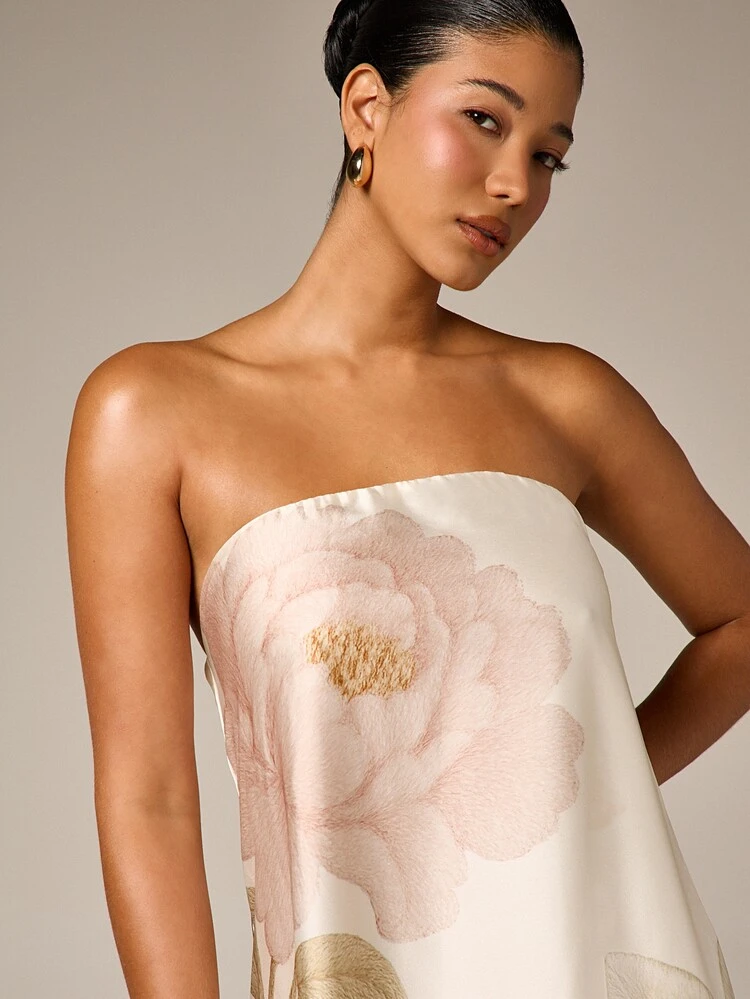 AiiRZ Robe longue élégante sans bretelles en satin avec broderie florale pour invités de mariage, soirée formelle, occasions spéciales pour femmes au printemps et en été