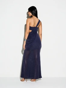 KIZN Sparkly Navy One Shoulder Cutout Bodycon Maxi Dress Sequin Evening Gown Cocktail Party Formal Wear - Navy Blue - View 2