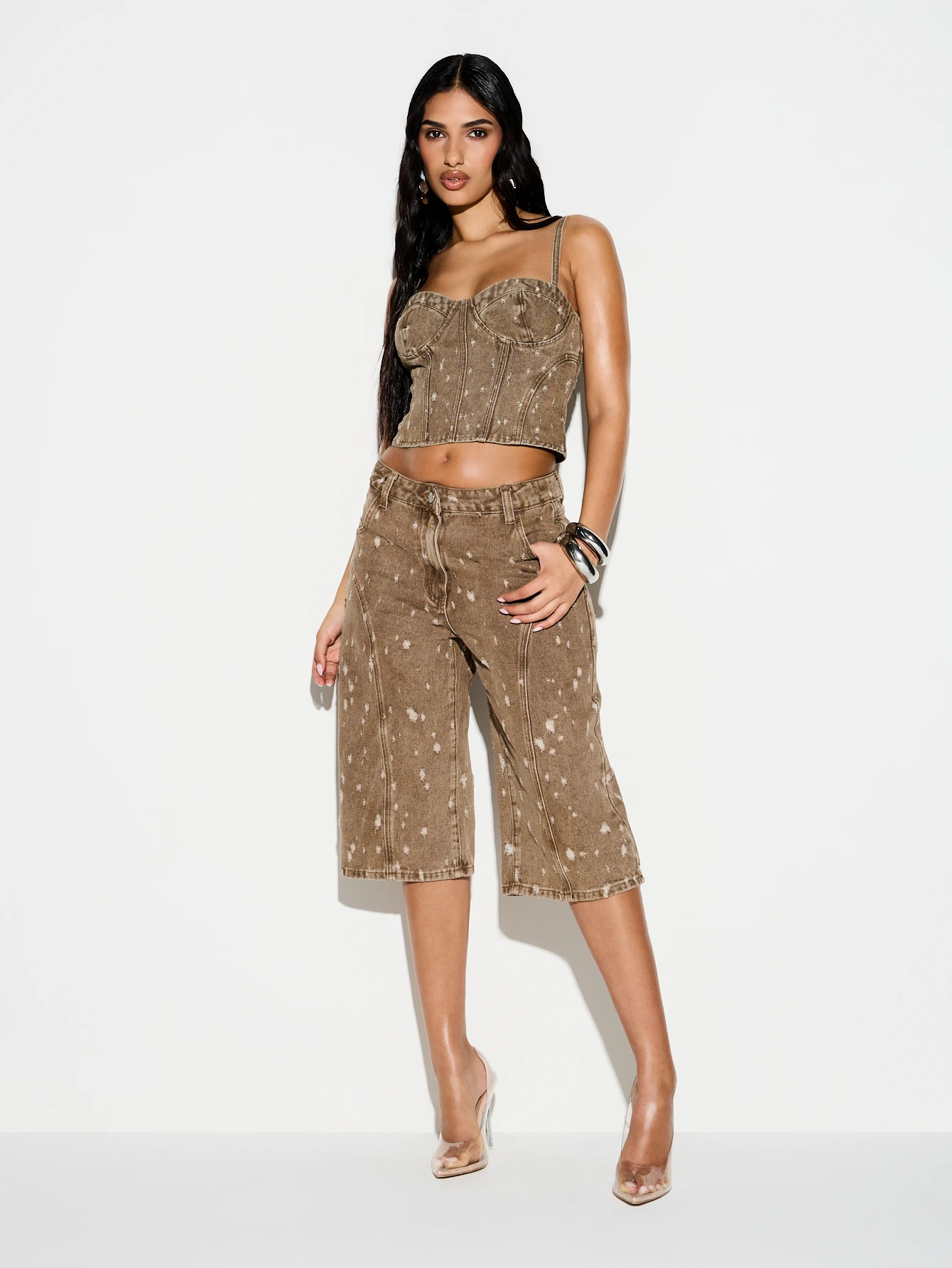 KIZN Distressed Denim Jorts With Paint Splatter