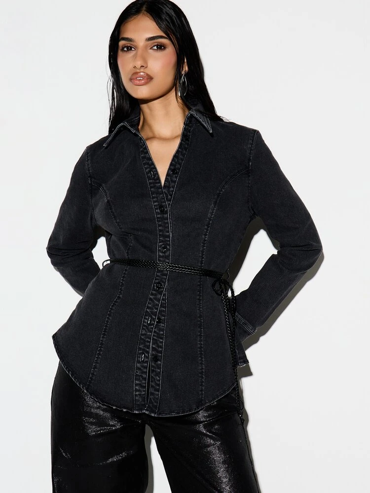 KIZN Women's Black Tie Waist Denim Jacket With Button Front Closure And Long Sleeves For Fall Winter Outerwear