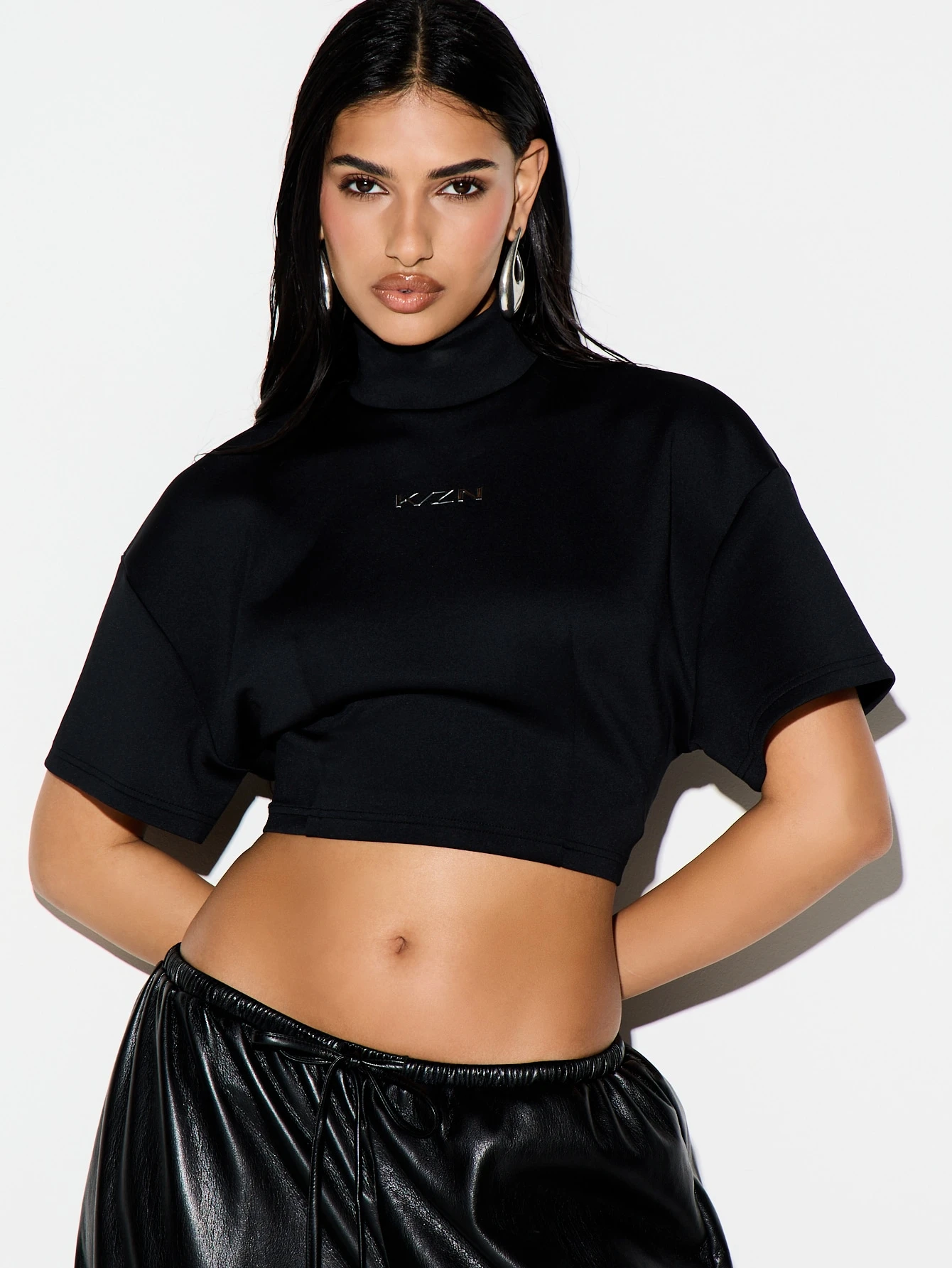 KIZN High Neck Cropped Top With Cinched Detail