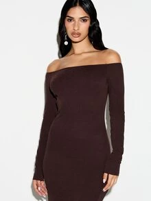 KIZN Vestido maxi de punto acanalado de manga larga con hombros descubiertos, color marrón chocolate, para ocasiones formales y fiestas de otoño e invierno - Café integral - Ver 3