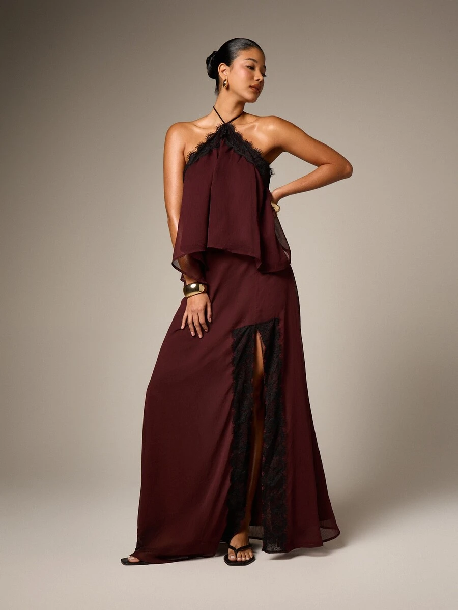 AiiRZ Chân váy maxi chiffon nhăn màu đỏ tía dành cho nữ, phối ren đen, xẻ tà, thích hợp cho các buổi tiệc tối trang trọng, đám cưới hoặc sự kiện. - màu nâu - Xem 1