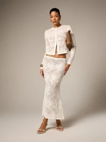 AiiRZ Women's White Ribbed Lace Button Down Long Sleeve Crochet Textured Cardigan Top Winter Fall - Apricot - View 3