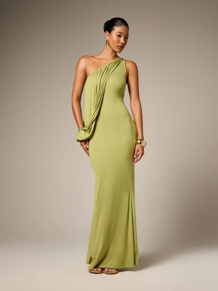 AiiRZ One Shoulder Draped Sleeve Maxi Dress