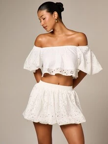 AiiRZ Women's Off Shoulder Crop Top With Puff Sleeves And Broderie Anglaise Eyelet Embroidery Ruffle Summer Blouse - White - View 4