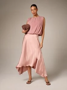 AiiRZ Women's Pleated Sleeveless Blouse Dusty Rose Crew Neck Tank Top For Summer Spring Casual Elegant Office Wear - Pink - View 3