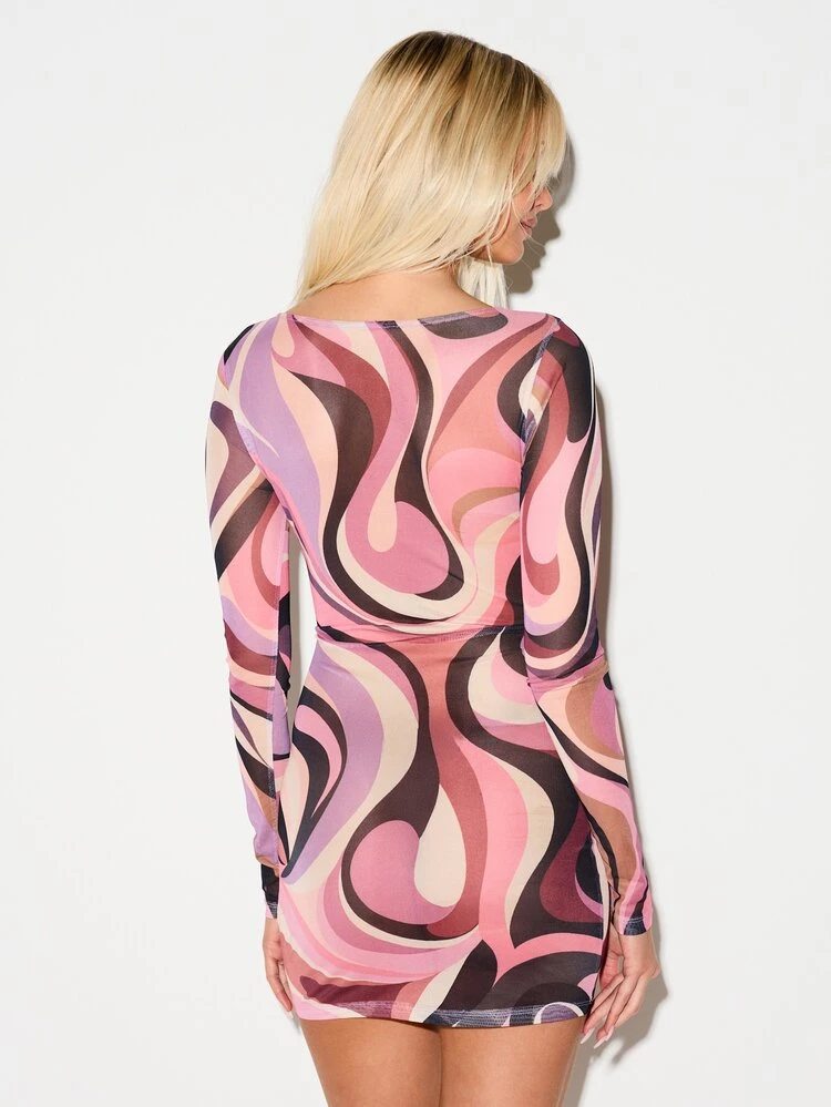 KIZN Swirl Print Mesh Mini Bodycon Dress With Matching Headscarf