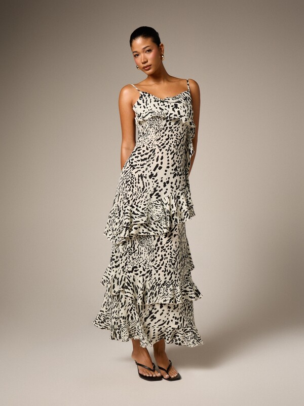 AiiRZ Vestido largo con volantes y tirantes de espagueti con estampado de leopardo y capas fluidas, perfecto para fiestas de verano en la playa y ocasiones de noche
