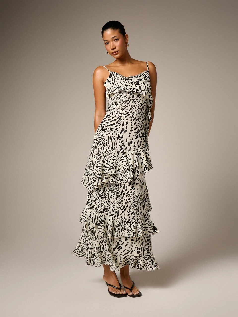 leopard tiered maxi dress Pieces ruffle tiered maxi dress with corsage detail in leopard print