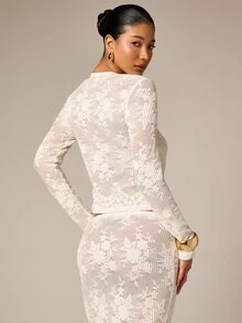 AiiRZ Women's White Ribbed Lace Button Down Long Sleeve Crochet Textured Cardigan Top Winter Fall - Apricot - View 2
