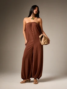 AiiRZ Women's Strapless Wide Leg Full Length Jumpsuit With Elastic Bodice And Relaxed Palazzo Style Legs For Summer Casual Occasions - Brown - View 1
