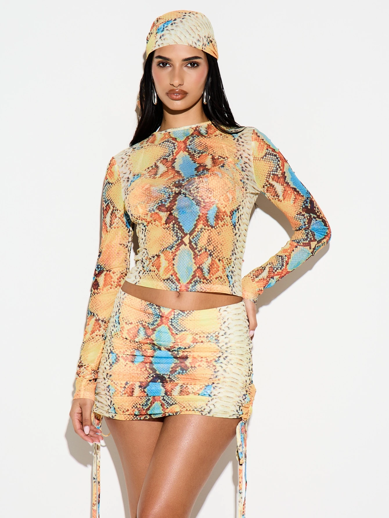KIZN Snake Print Mesh Crop Top With Head Wrap