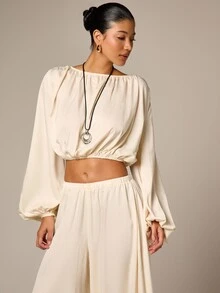 AiiRZ Quần Palazzo ống rộng kiểu dáng phồng màu kem dành cho nữ, cạp cao, eo chun, chất liệu satin mềm mại, dáng suông thoải mái, dài đến mắt cá chân. - Màu be - Xem 4