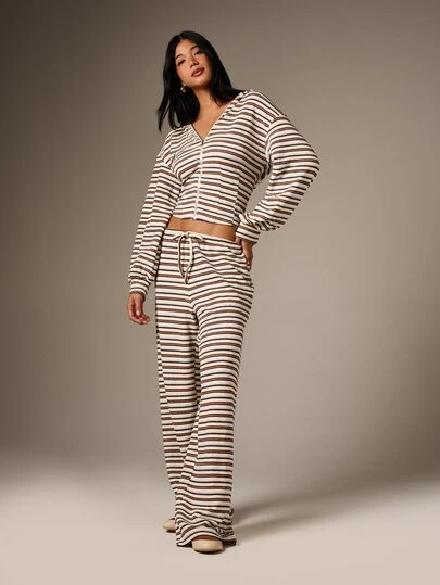 AiiRZ Textured Stripe Hooded Zip Up Jacket And Wide Leg Trouser Two Piece Lounge Set With Drawstring Hood Casual Fall Winter Comfort Wear