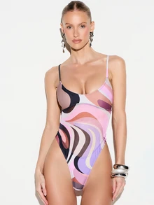 KIZN Áo tắm liền thân in họa tiết xoáy, cổ khoét sâu, dây mảnh, cạp cao dành cho nữ, thích hợp cho kỳ nghỉ hè ở bãi biển hoặc hồ bơi. - Nhiều màu - Xem 1