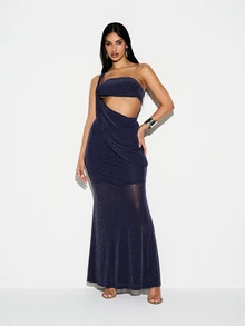 KIZN Sparkly Navy One Shoulder Cutout Bodycon Maxi Dress Sequin Evening Gown Cocktail Party Formal Wear - Navy Blue - View 1