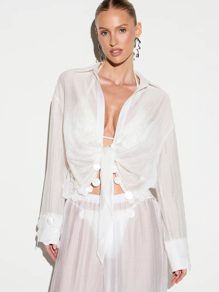 KIZN Sheer Beaded Button Front Cover Up With Polka Dots