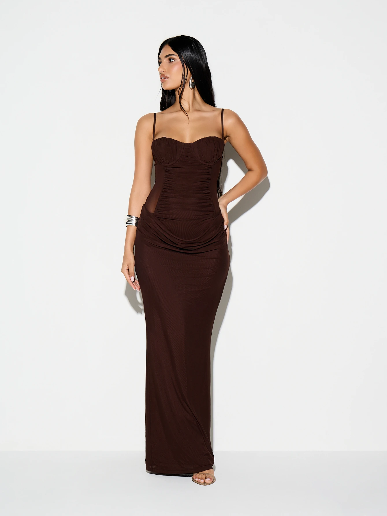 KIZN Brown Mesh Ruched Bodycon Maxi Dress