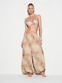 KIZN Women's Leopard Print Chiffon Palazzo Wide Leg Balloon Trousers Flowing Elastic Waist Summer Beach Vacation Pants - Apricot - View 5