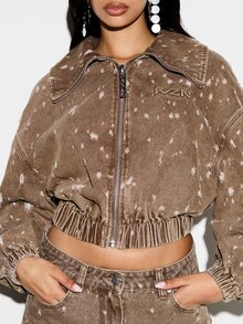 KIZN Áo khoác bomber dáng rộng bằng vải denim rách với chi tiết vẩy sơn trắng, dáng ngắn, cạp và cổ tay áo co giãn, thích hợp cho nữ mùa thu đông. - màu nâu - Xem 4