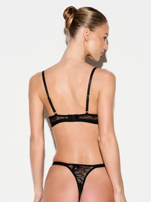 KIZN Women's Lace Triangle Bralette And Thong Lingerie Set With Floral Pattern And Adjustable Straps For Intimate Occasions - Black - View 3