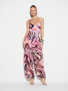 KIZN 女士漩涡印花气球沙滩罩裤飘逸阔腿松紧腰夏季沙滩装长裤 - 彩色 - 查看 3