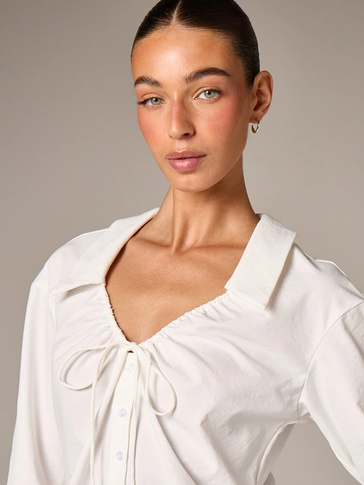 Oversized White Blouse With Drawstring Neckline