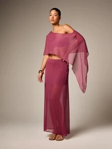 AiiRZ 女士薄纱雪纺长裙 飘逸优雅长裙 沙滩夏季度假波西米亚风透明罩裙 - 中紫紅色 - 查看 4