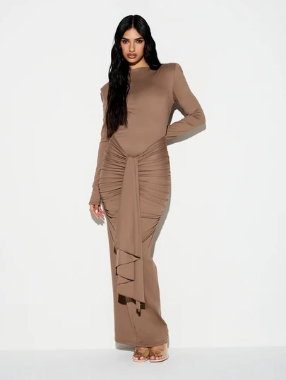 KIZN Womens Bodycon Long Sleeve Ruched Taupe Maxi Dress With Front Tie Detail And Shoulder Pads For Evening Cocktail Party Occasions