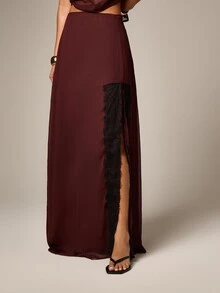 AiiRZ Chân váy maxi chiffon nhăn màu đỏ tía dành cho nữ, phối ren đen, xẻ tà, thích hợp cho các buổi tiệc tối trang trọng, đám cưới hoặc sự kiện. - màu nâu - Xem 4