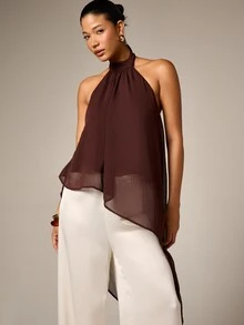 AiiRZ Áo kiểu nữ cổ yếm, chất liệu chiffon mềm mại, thiết kế vạt trước ngắn vạt sau bất đối xứng, xuyên thấu, không tay, thích hợp cho mùa hè và mùa thu. - màu nâu - Xem 4