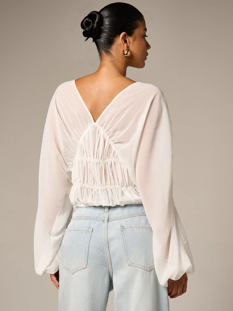 White V Neck Balloon Sleeve Blouse With Shirred Waist