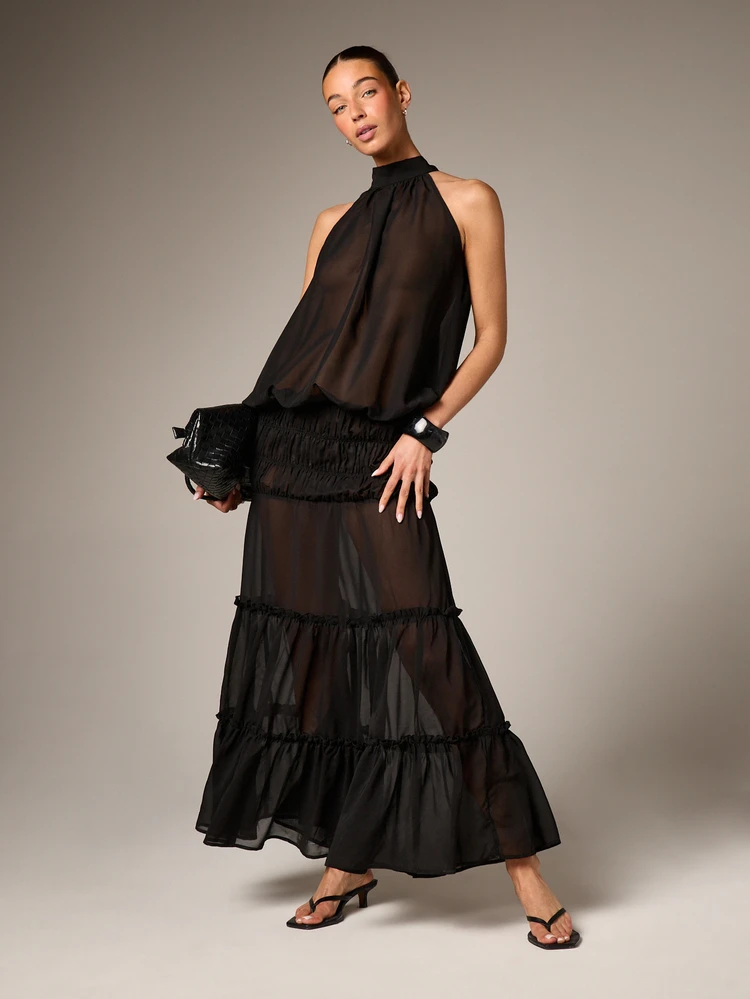 AiiRZ High Neck Halter Sleeveless Sheer Chiffon Tiered Ruffle Maxi Dress With Fringe Detail For Evening Party Occasions