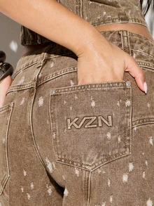 KIZN Bermudas de mezclilla desgastada con estampado de salpicaduras de pintura, cintura alta, pierna ancha, bolsillos cargo, detalles de costura, shorts casuales de verano de longitud a la rodilla - Albaricoque - Ver 4