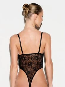 KIZN Body sexy preto com renda floral, bojo com aro e alças ajustáveis para um encontro romântico no Dia dos Namorados. - Preto - Ver 3