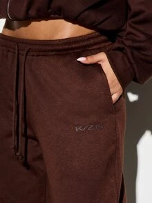 KIZN Fleece gefütterte Sweathose mit weitem Bein, Kordelzug und Seitentaschen, lässig, locker geschnitten, Trainingshose für den Winter - Braun - Übersicht 4