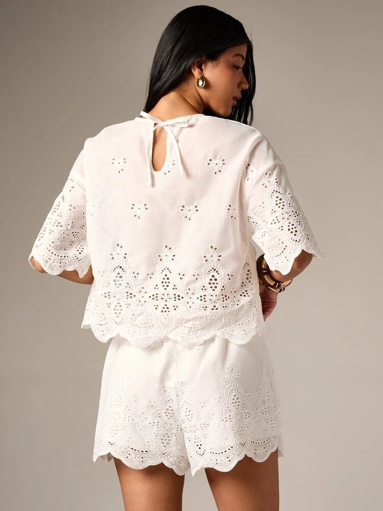 White Broderie Shorts With Scalloped Hem