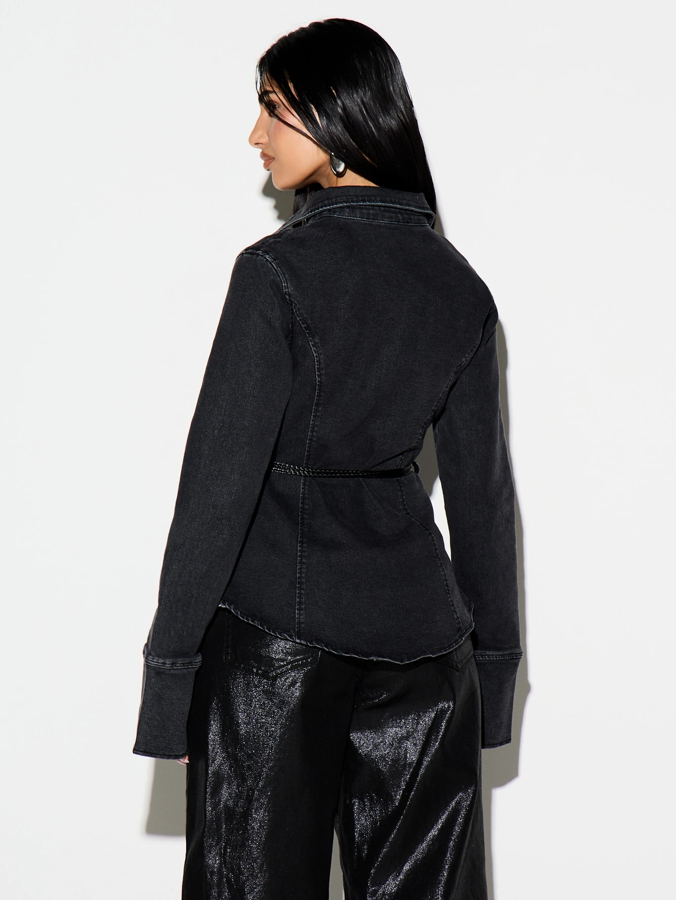 KIZN Black Tie Waist Denim Jacket