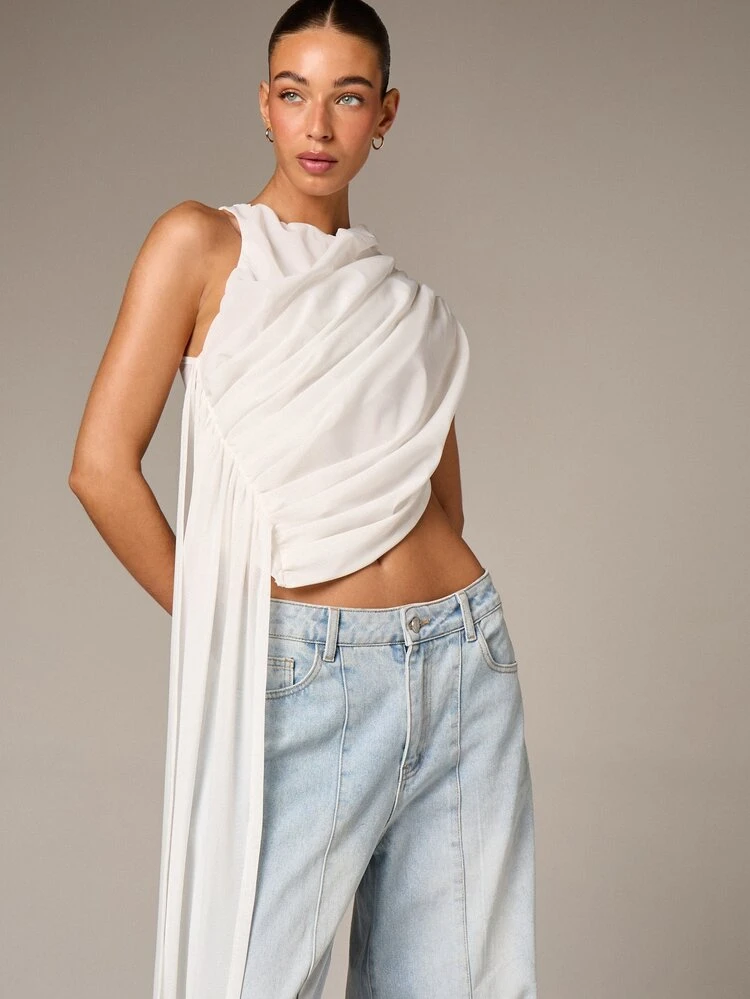 One Shoulder Draped Top With Wrap Detail