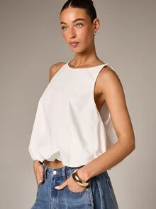AiiRZ Áo kiểu nữ màu trắng không tay, vạt phồng, chất liệu poplin, kiểu tank top, dáng rộng, cổ tròn, nhẹ, thoáng khí, thích hợp cho mùa hè, đi làm hoặc đi nghỉ mát. - trắng - Xem 4