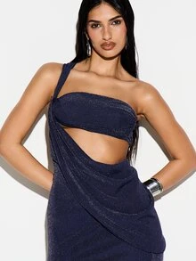 KIZN Sparkly Navy One Shoulder Cutout Bodycon Maxi Dress Sequin Evening Gown Cocktail Party Formal Wear - Navy Blue - View 4