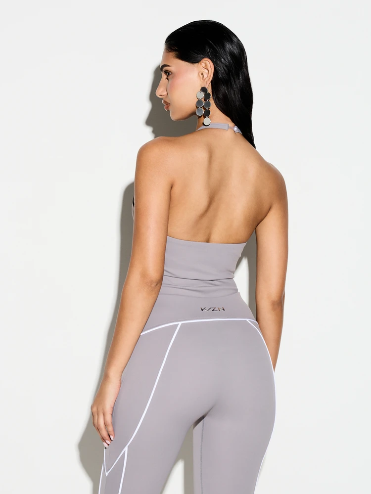 KIZN High Neck Halter Sleeveless Fitted Bodysuit With White Contrast Piping Detail