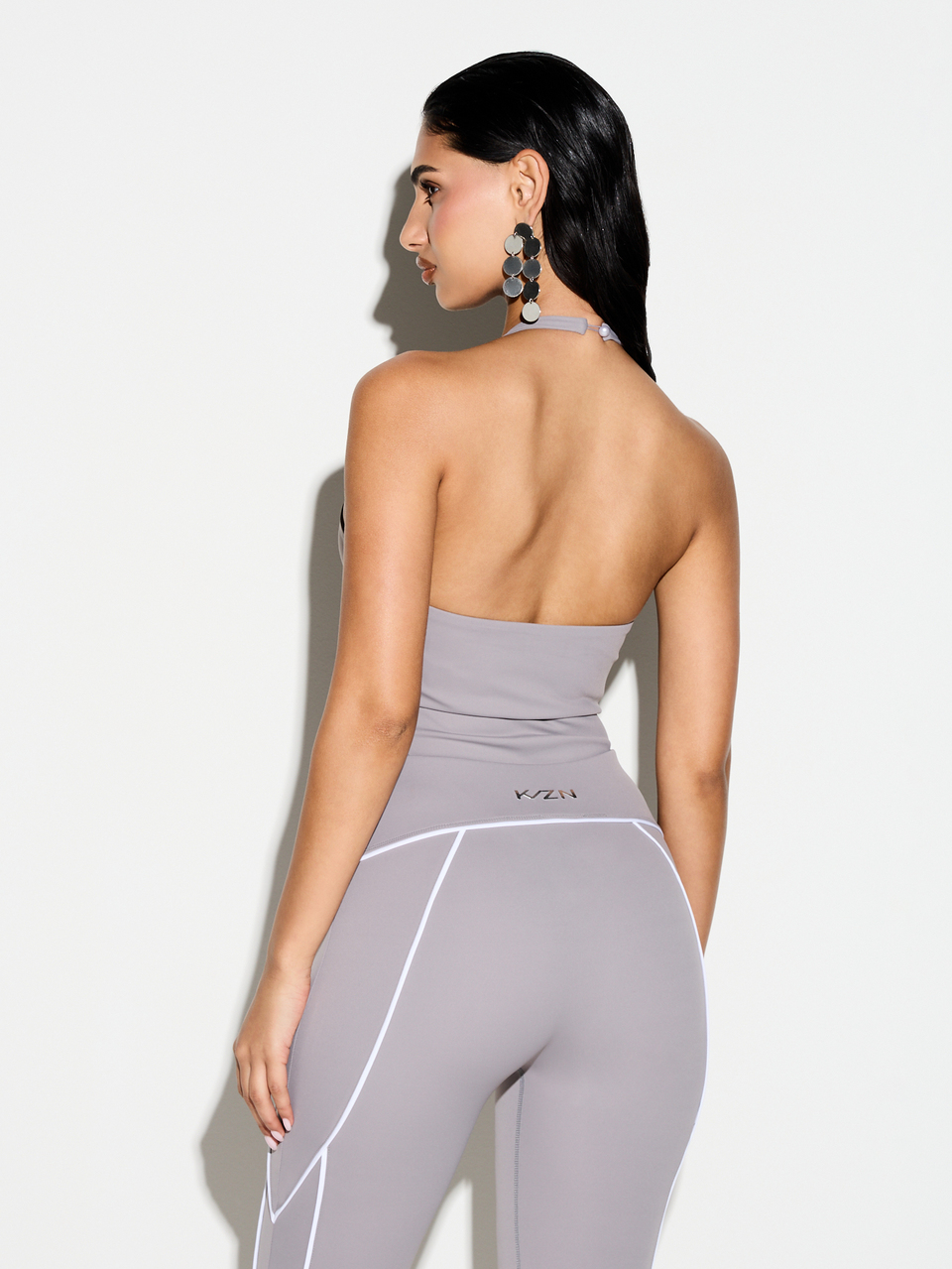 KIZN High Neck Halter Sleeveless Fitted Bodysuit With White Contrast Piping Detail