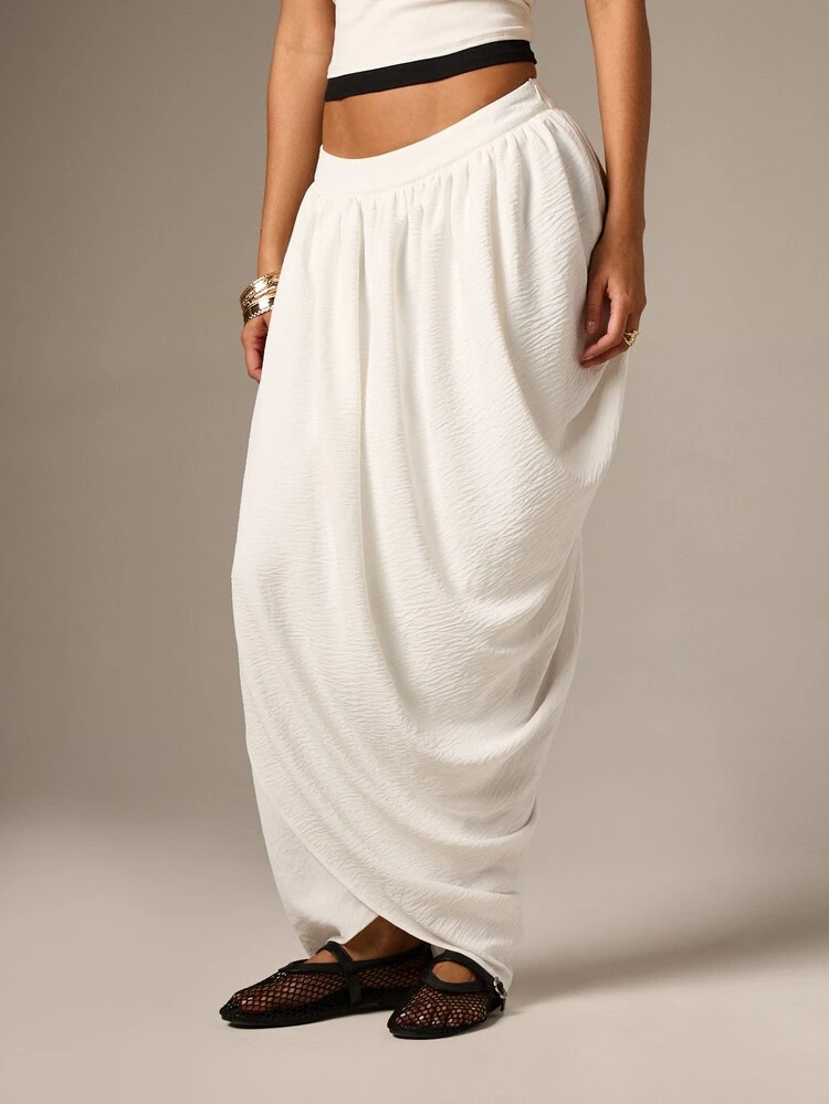 Drape Linen Feel Maxi Skirt With Elastic Waistband