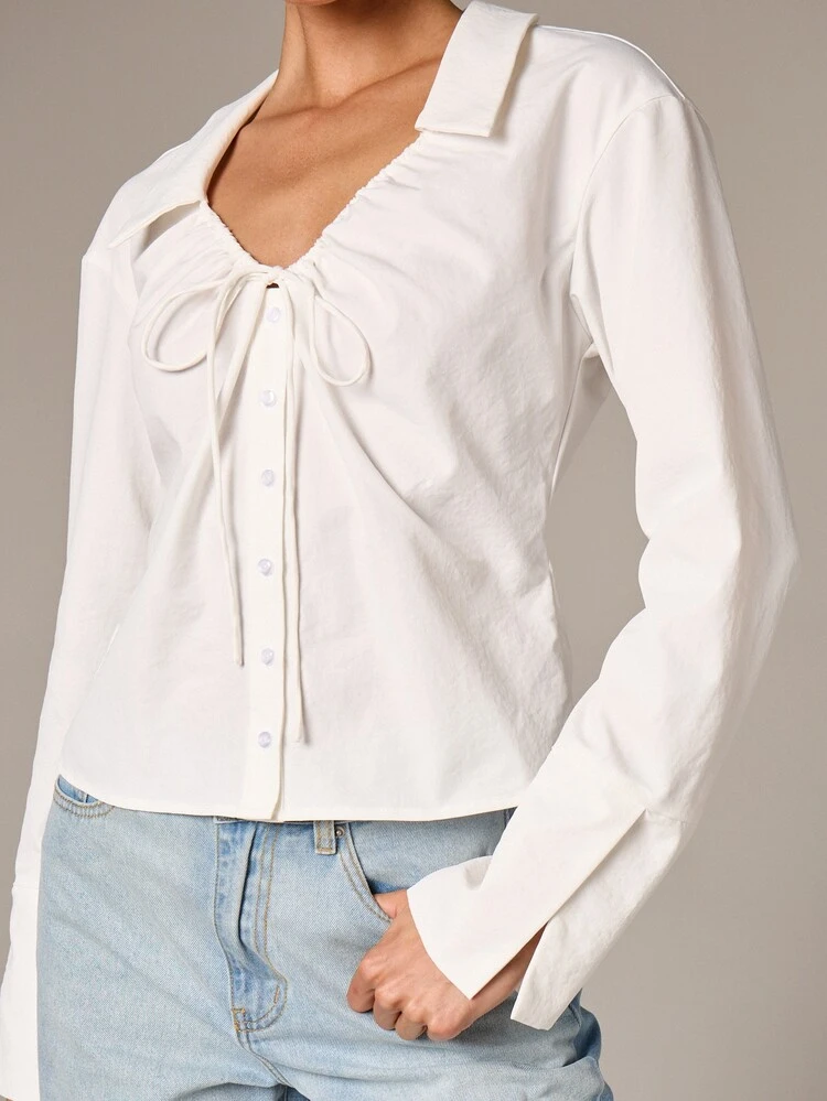Oversized White Blouse With Drawstring Neckline