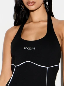 KIZN Halter Neck Capri Length Athletic Jumpsuit With White Contrast Piping Detail For Active Wear And Fitness Training - Black - View 3