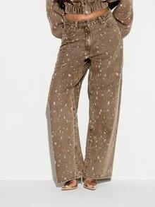 KIZN Women's High Rise Wide Leg Distressed Denim Jeans With Paint Splatter Print And Straight Hem - Brown - View 1