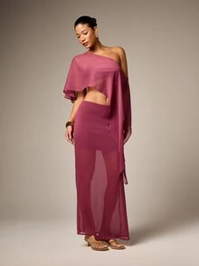 AiiRZ 女士薄纱雪纺长裙 飘逸优雅长裙 沙滩夏季度假波西米亚风透明罩裙 - 中紫紅色 - 查看 3