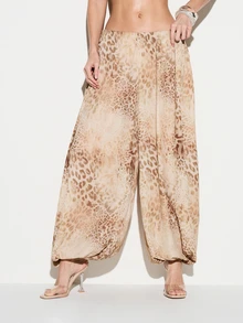 KIZN Women's Leopard Print Chiffon Palazzo Wide Leg Balloon Trousers Flowing Elastic Waist Summer Beach Vacation Pants - Apricot - View 1